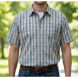 Marmot Men's Blue Brown Tan Plaid Short Sleeve Button-Up Shirt Cotton Size XL